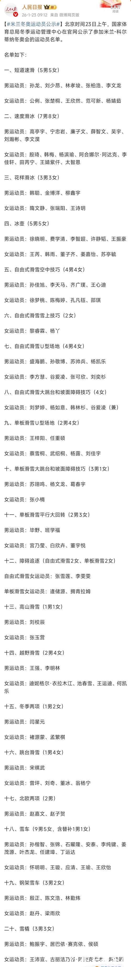 米兰冬奥会中国参赛运动员名单公示：谷爱凌、苏翊鸣等在列